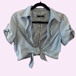 Jane Norman Cropped Denim Tie Front Shirt Blue Size M/L UK 14